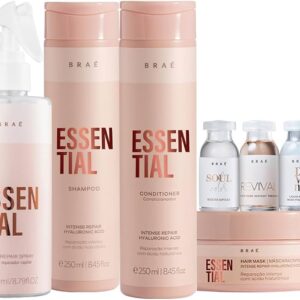 Kit de Cuidados com o Cabelo BRAÉ Essential Duo 250ml + Essential Hair Repair Spray 260ml + Máscara 200g + 3 Ampolas 13ml - Repara e Hidrata Cabelos Danificados e Fragilizados